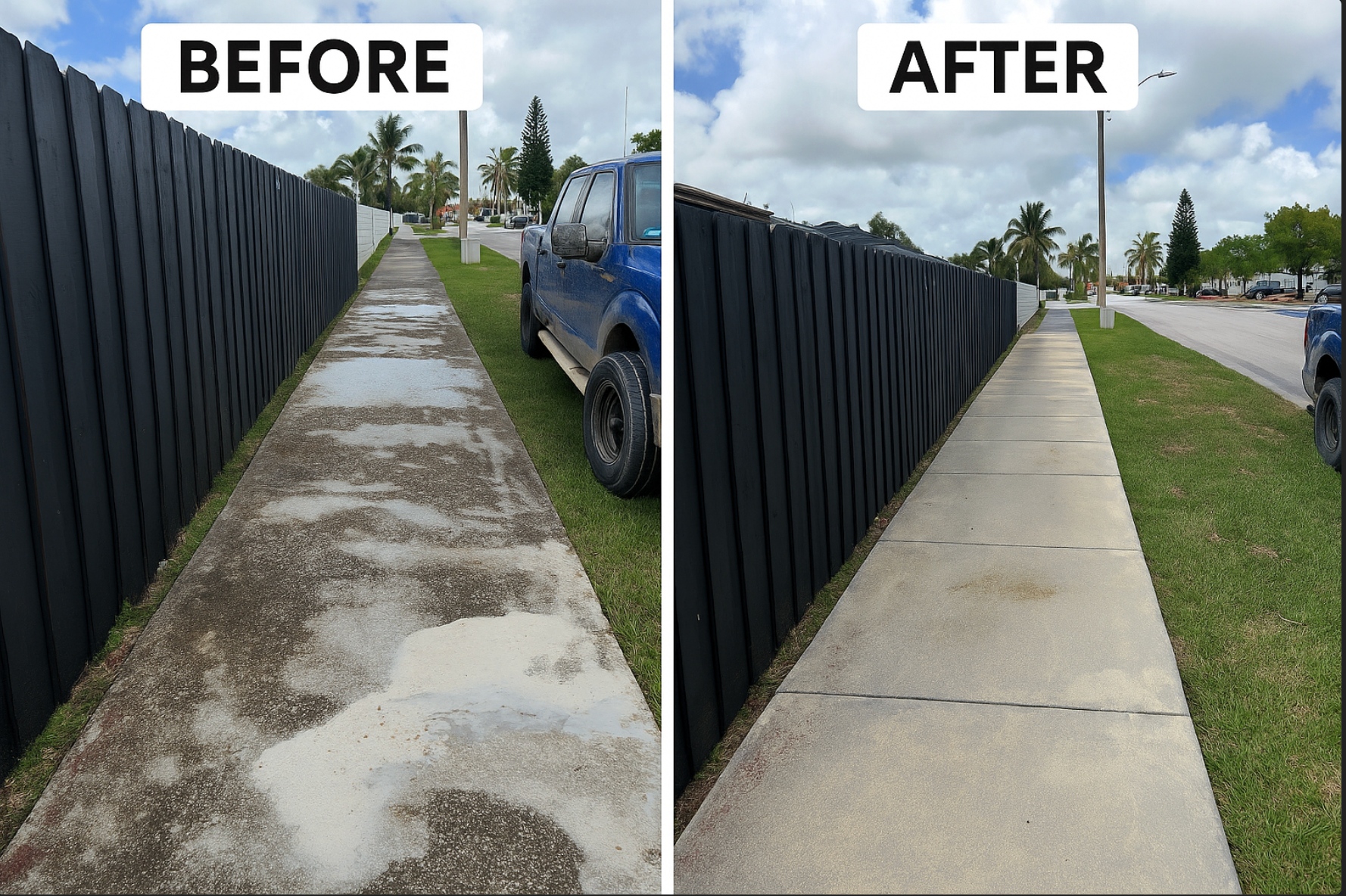 Before and after comparison of sidewalk pressure washing showing removal of stains and algae
